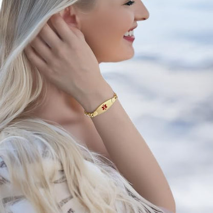 LinnaLove Fashion Shiny medical alert bracelet with Free Engraving Stainless steel Medical id bracelet for Women - color: Crystal heart-Gold