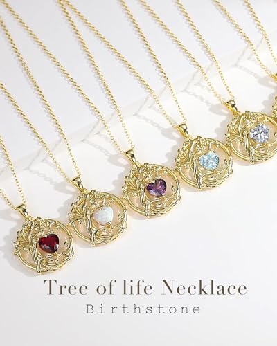 FANCIME Tree of life Birthstone necklace Sterling Silver Pendant Birthstone Necklace Gemstone Anniversary Birthday Jewelry Mothers Day Gifts for Mom Her Wife - color: Yellow gold-4-simulated diamond