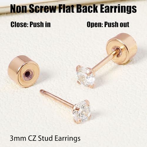 Threadless Flat Back Earrings, Hypoallergenic 14K Real Gold Plated CZ Stud Earrings | Cartilage Earring | Tragus Helix Piercing Jewelry | Push in Flatback Earrings for Women Men - color: Rose Gold, size: 3 Millimeters