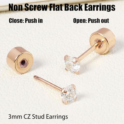 Threadless Flat Back Earrings, Hypoallergenic 14K Real Gold Plated CZ Stud Earrings | Cartilage Earring | Tragus Helix Piercing Jewelry | Push in Flatback Earrings for Women Men - color: Rose Gold, size: 3 Millimeters