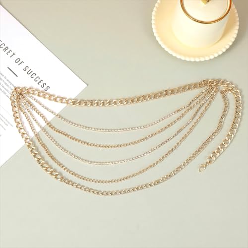 Molain Gold Layered Sparkly Rhinestone Chain Belt, Adjustable Bohemian Waist Belt Gold Rhinestones Belly Waistband for Women