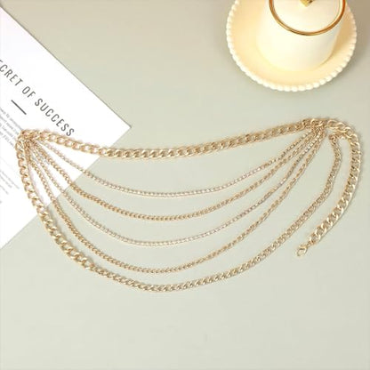 Molain Gold Layered Sparkly Rhinestone Chain Belt, Adjustable Bohemian Waist Belt Gold Rhinestones Belly Waistband for Women