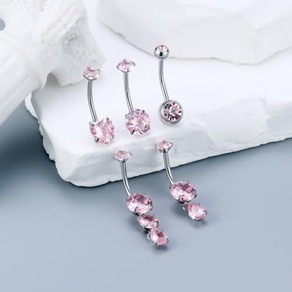 Vsnnsns 14G Dangle Belly Button Ring Piercing Jewelry 316L Stainless Surgical Steel Round Heart Cubic Zirconia Navel Rings Dangling Belly Button Ring Piercing Jewelry for Women 14 Gauge Hypoallergenic - color: Silver-10MM Bar-Pink CZ