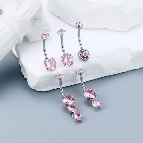 Vsnnsns 14G Dangle Belly Button Ring Piercing Jewelry 316L Stainless Surgical Steel Round Heart Cubic Zirconia Navel Rings Dangling Belly Button Ring Piercing Jewelry for Women 14 Gauge Hypoallergenic - color: Silver-12MM Bar-Pink CZ