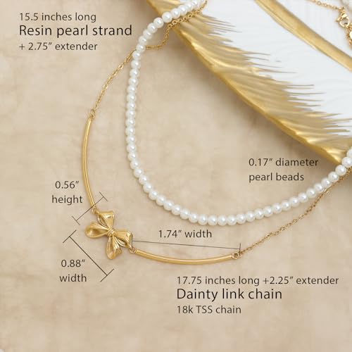 Gold Pendant Pearl Layered Choker Necklace Set for Woman, Chunky Charm Adjustable Pearls Bead Gemstone Shell Conch Tiger Eye Natural Stone Bow Chain Nacklaces Fall Fashion Prom Jewelry Gift. - color: Bow
