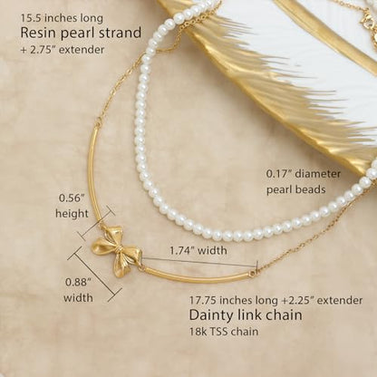 Gold Pendant Pearl Layered Choker Necklace Set for Woman, Chunky Charm Adjustable Pearls Bead Gemstone Shell Conch Tiger Eye Natural Stone Bow Chain Nacklaces Fall Fashion Prom Jewelry Gift. - color: Bow