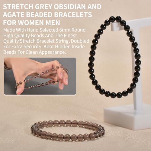 2PCS Agate Bracelet for Women Men Natural Round Beaded Agates Stone Healing Stretch Bracelets Elastic Handmade Polished Gemstone Beads Bracelet - color: Grey+Black, size: 6mm Beads