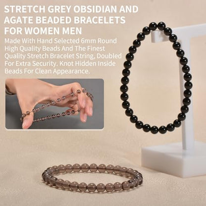 2PCS Agate Bracelet for Women Men Natural Round Beaded Agates Stone Healing Stretch Bracelets Elastic Handmade Polished Gemstone Beads Bracelet - color: Grey+Black, size: 6mm Beads
