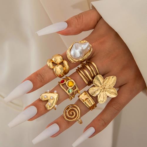 Gold Pearl Flower Stackable Rings Set,Chunky Large Pearls Floral Knuckle Rings Pack for Women,Trendy Thick Beach Everyday Jewelry