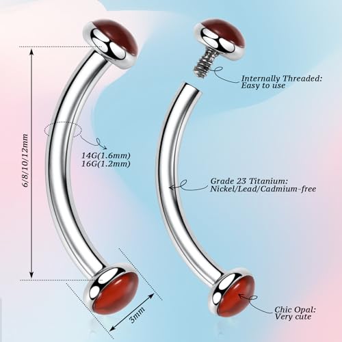 G23 Titanium Eyebrow Piercing Jewelry Eyebrow Rings Curved Barbell 16G Eyebrow Belly Button Ring Navel Rings Rook Daith Earrings Lip Ring Eyebrow Jewelry 6mm-12mm - color: 2PCS,Disc Shape Red Agate,Silver