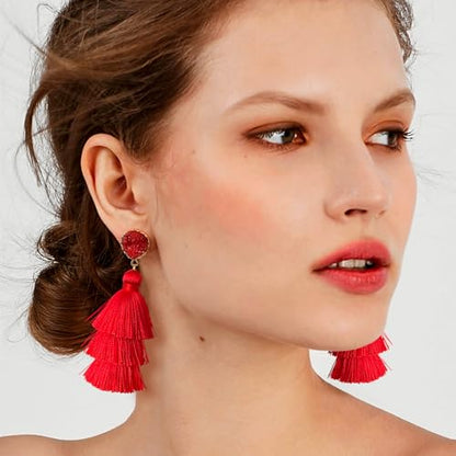 Me&Hz Colorful Layered Tassel Earrings Bohemian Statement Tiered Tassel Big Dangle Drop Earrings for Women Druzy Studs Valentine’s Day Gift - color: 01 Red