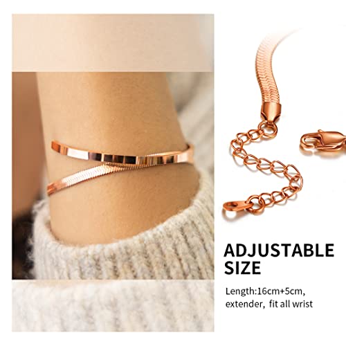 ChainsHouse Stainless Steel Herringbone Flat Chain Bracelets for Women,18K Gold/Rose Gold/Black Metal Paperclip/Snake/Cuban/Figaro Sterling Silver Link Charm Bracelet, 16+5cm Adjustable, With Gift Box - color: h. herringbone-rose gold-6mm