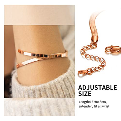 ChainsHouse Stainless Steel Herringbone Flat Chain Bracelets for Women,18K Gold/Rose Gold/Black Metal Paperclip/Snake/Cuban/Figaro Sterling Silver Link Charm Bracelet, 16+5cm Adjustable, With Gift Box - color: h. herringbone-rose gold-6mm