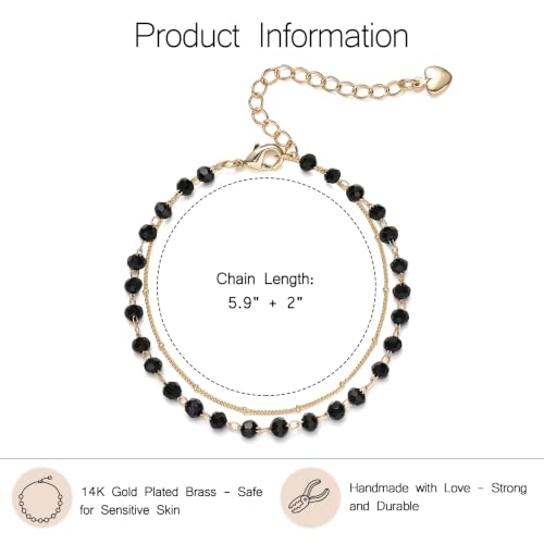 Gold Bracelets for Women Dainty 14K Gold Plated Layered Chain Bracelets Turquoise Green Aventurine Crystal Beaded Bracelets for Women - color: Black Beades