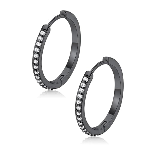 FaithHeart 925 Sterling Silver Post Small CZ Huggie Hoop Earrings for Women | Hypoallergenic Small Cubic Zirconia Hoop Earrings, Silver/Black/Gold/Rose Gold Huggie Earrings, 8-20mm with Gift Box - color: Black, size: 16mm