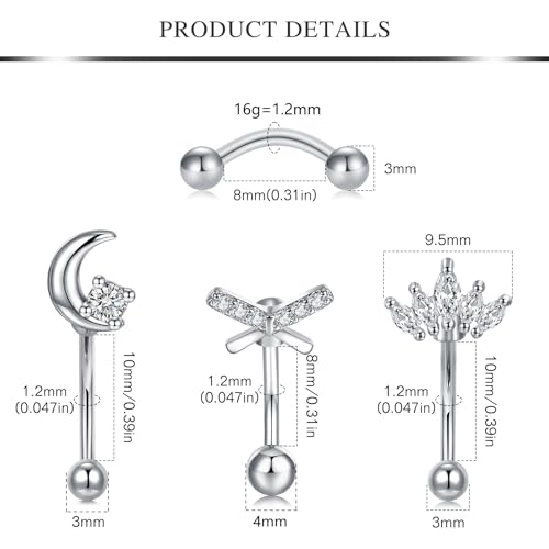 AVYRING 16g Rook Piercing Jewelry Gold Silver Eyebrow Rings Curved Barbell Daith Earrings for Women Horseshoe Septum Hoop Helix Earrings Surgical Steel Belly Button Rings Vertical Labret Lip Jewelry - style: B1- 6pcs- silver