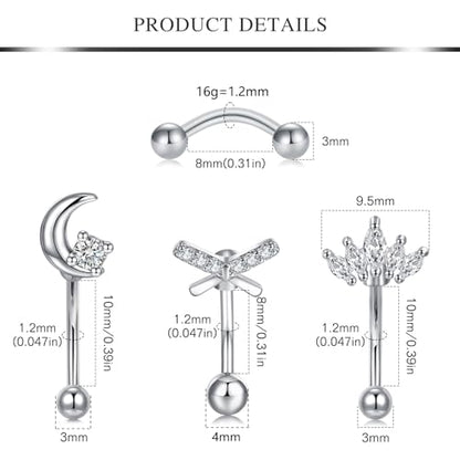 AVYRING 16g Rook Piercing Jewelry Gold Silver Eyebrow Rings Curved Barbell Daith Earrings for Women Horseshoe Septum Hoop Helix Earrings Surgical Steel Belly Button Rings Vertical Labret Lip Jewelry - style: B1- 6pcs- silver