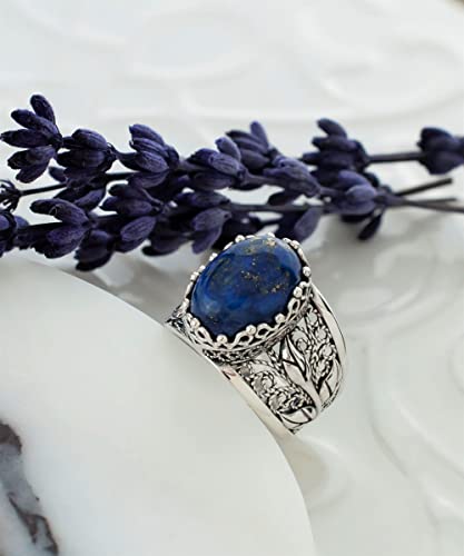 Filigranist 925 Sterling Silver Filigree Art Lace Embroidery Tulip Detailed Gemstone Women Cocktail Ring, Luxurious Gift Boxed - color: Lapis Lazuli