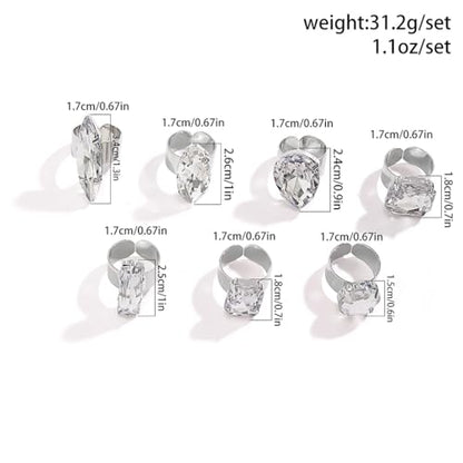 FUTIMELY 7Pcs Exaggerated Chunky Large Rhinestone Ring Set,Glitter Heart Square Oval Teardrop Knuckle Rings,Unique Red Crystal Open Rings Pack Cocktail Jewelry - color: Silver