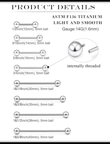 2G 4G 6G 8G 10G 12G 14G 16G Astm F136 Titanium Internally Threaded Nipple Tongue Rings Piercing Jewelry Industrial Straight Barbell Tongue Nipple Ring Bridge Piercing Jewelry For Women Men - size: 14 Gauge-12MM