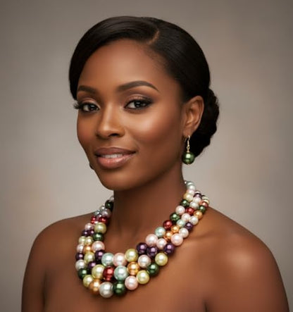 Simulated Pearl Necklace & Earring Set, Multi Strand - color: Bright Mix
