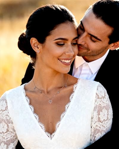 Silver Heart Jewelry Set for Women with Cubic Zirconia Heart Pendant CZ Adjustable Chain Necklace and Minimalist Small Stud for Wedding