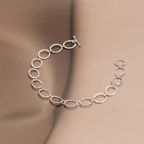 LeCalla 925 Sterling Silver Hammered Link Bracelets for Women | Handmade Bohemian Textured Chain & Oval Link Bracelet | Women's Adjustable Paperclip, Circle & Oval Hammered Bracelets - color: T Bar Oval Link