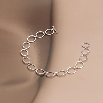LeCalla 925 Sterling Silver Hammered Link Bracelets for Women | Handmade Bohemian Textured Chain & Oval Link Bracelet | Women's Adjustable Paperclip, Circle & Oval Hammered Bracelets - color: T Bar Oval Link