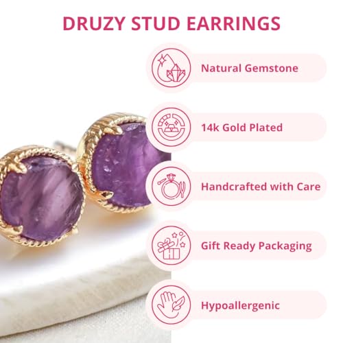 Gempires Gemstone Stud Earrings for Women 14k Gold Plated Prong Set Genuine Crystal Hypoallergenic Handmade Minimal Everyday Jewelry Elegant Birthstone Earrings Gift for Her - style: Amethyst
