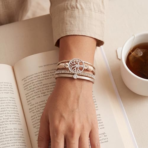 Edoneery Leather Wrap Bracelets for Women, Boho Layered Cuff Bangle | Multi-layer Leather Cuff, Daily wear, Stackable Bangle, Easy on-off, Western Jewelry Gifts for Women - color: Beige-1