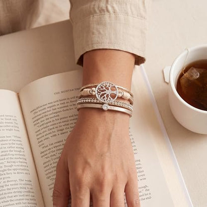 Edoneery Leather Wrap Bracelets for Women, Boho Layered Cuff Bangle | Multi-layer Leather Cuff, Daily wear, Stackable Bangle, Easy on-off, Western Jewelry Gifts for Women - color: Beige-1