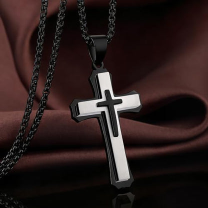 Men's Cross Necklace 316L Stainless Steel Large Heavy Cross Pendant for Men Polished Jewelry Rolo Chain with 22'' 24'' 26'' - color: F-Black and White, size: 26 inch