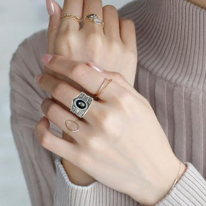 HAIXIAN Natural Black Obsidian Wide Band Ring,Retro S925 Sterling Silver Statement Thumb Index Chunky Band Ring,Cocktail Party Bohemian Ring Jewelry for Women