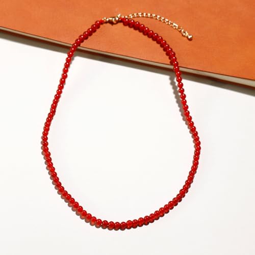 Simple 4mm Gemstones and Crystals Choker Necklace Unisex 16"-18" | Necklaces for Women Men, Adjustable, 40-45 cm Chain Length, Handmade, Spiritual Gemstones, Positive Energy, Daily Wear - style: Red Agate
