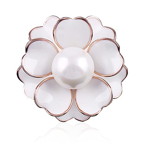 Women Camellia Flower Pearl Enamel Brooch Pins for Ladies Jewelry Fashion - color: White