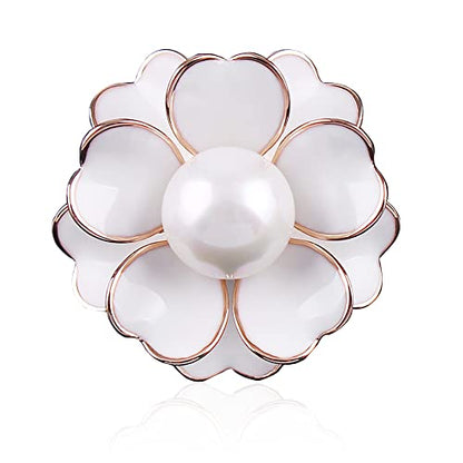Women Camellia Flower Pearl Enamel Brooch Pins for Ladies Jewelry Fashion - color: White