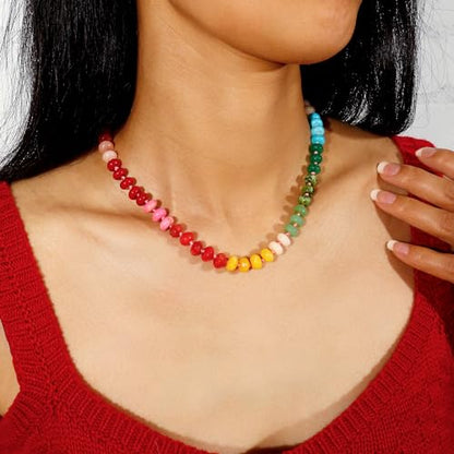 Gemstone Beaded Necklace for Women Colorful Natural Stone Freshwater Pearl Surfer Beach Rainbow Necklace Jewelry Gift - color: colorful -02