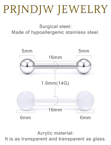 Prjndjw 14G, 16/19/22mmL, 25/30PCS, 5mm Ball Barbell Tongue Ring. Surgical Steel Nipple Piercing Vemom/Glow in The Dark/Created Pearl/Body Jewelry for Woman Unisex - color: 5/8in(16mm)
