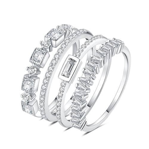 JewelryPalace Princess Emerald Cut CZ Stackable Wedding Ring Eternity Bands for Women, Cubic Zirconia 925 Sterling Silver 14k Yellow Rose Gold Plated Promise Ring for Her, 4pc Anniversary Ring Sets - color: D-4Pcs-Brass