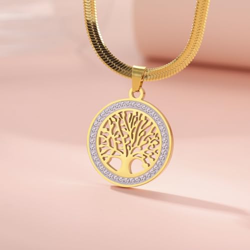 Dreamtimes Tree of Life Necklace for Women Stainless Steel Gold Color Clear Zircon Round Pendant Neck Chains Family Tree Fashion Charm Luxury Jewelry Wedding Gift - color: GOLD-2
