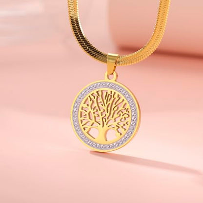 Dreamtimes Tree of Life Necklace for Women Stainless Steel Gold Color Clear Zircon Round Pendant Neck Chains Family Tree Fashion Charm Luxury Jewelry Wedding Gift - color: GOLD-2