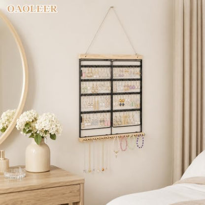 Hanging Jewelry Organizer 4-Tier Wall Earring Holder for Necklaces, Rings | Natural wood & solid metal wall jewelry rack , Dual earring grid slots & bottom hooks store earrings, bracelets