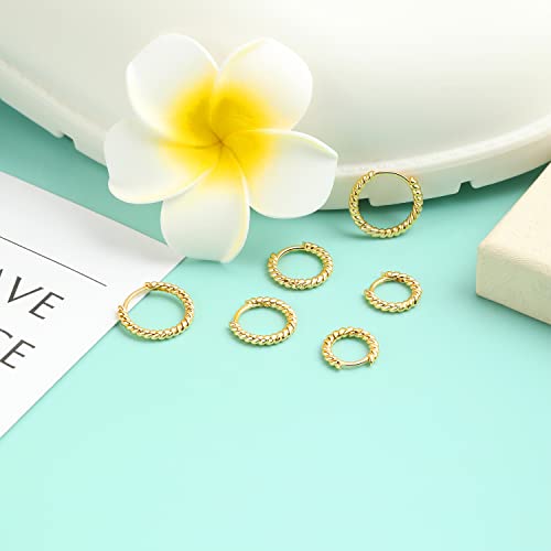 micuco 3 Pairs Small Gold Hoop Huggie Earrings Set for Women Men Tendy | 14K Gold Plated Small Huggie Hoop Earrings for Men, Tiny Cartilage Hypoallergenic Earring Set - style: E# Twisted Gold 8-10-12mm