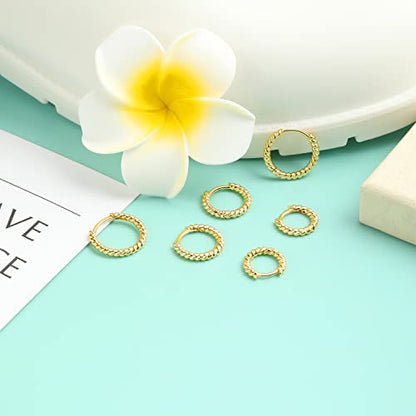 micuco 3 Pairs Small Gold Hoop Huggie Earrings Set for Women Men Tendy | 14K Gold Plated Small Huggie Hoop Earrings for Men, Tiny Cartilage Hypoallergenic Earring Set - style: E# Twisted Gold 8-10-12mm