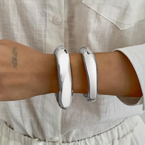 Chunky Gold Bangles for Women Gold Plated Stackable Bracelets Set Trendy Cuff Bracelets Stack Wrist Open Bangle Jewelry Gift Accessories - style: Silver