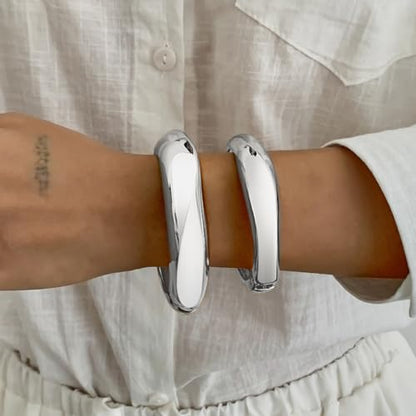 Chunky Gold Bangles for Women Gold Plated Stackable Bracelets Set Trendy Cuff Bracelets Stack Wrist Open Bangle Jewelry Gift Accessories - style: Silver