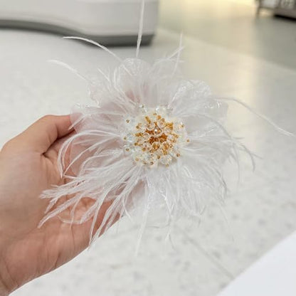 4" Crystal Feather Flower Brooch Pin for Women Girls Dainty Bright Satin Rhinestone Floral Brooches Lapel Hair Pins Elegant Wedding Cocktail Prom Party Hat Bag Suit Clothing Dress Accessories Jewelry Gift - color: White