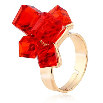 Hebelee Boho Square Crystal Statement Ring for Women Adjustable | Gold-Toned Expandable Promise Engagement Geometric Rings Comfort Fit Elegant Art Deco Christmas Cocktail Y2K Jewelry - color: Red