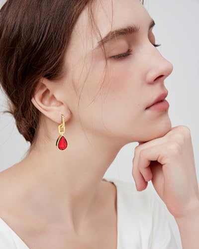 Crystals Teardrop Dangle Drop Earrings, 18K Gold Plated Hoop Earrings Zirconia Jewelry for Women Gifts - color: Red-Long