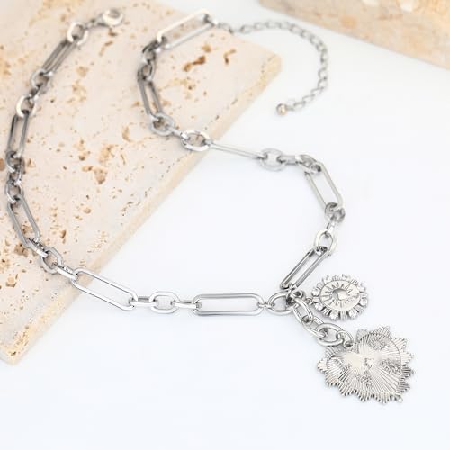 Chunky Gold Necklace for Women, 18K Waterproof Heart Necklace Statement Necklace Gold Charm Necklace Chunky Jewelry Paperclip Chain Choker Gift for Women - style: Silver Sun Heart